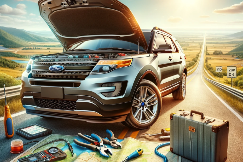 2008 Ford Explorer with open hood, showcasing maintenance tools, set against a backdrop of a scenic highway symbolizing travel readiness.