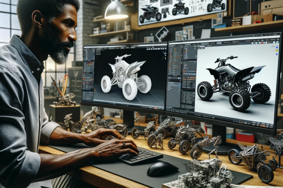 Designer using Blender software for 3D modeling of ATV parts in a tech-driven workshop