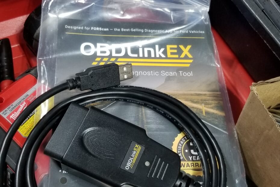 OBDLink EX scan tool and packaging displayed in a Milwaukee Packout