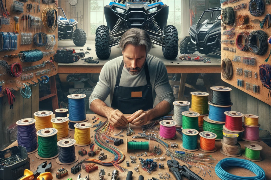Skilled craftsman in a workshop creating a custom wiring harness for an ATV, surrounded by tools and components.
