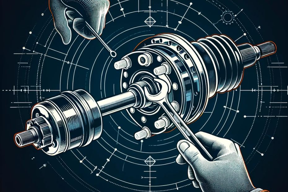 Outlined illustration of a CV axle and wheel hub assembly against a dark background with a bright wrench, symbolizing DIY auto repair.