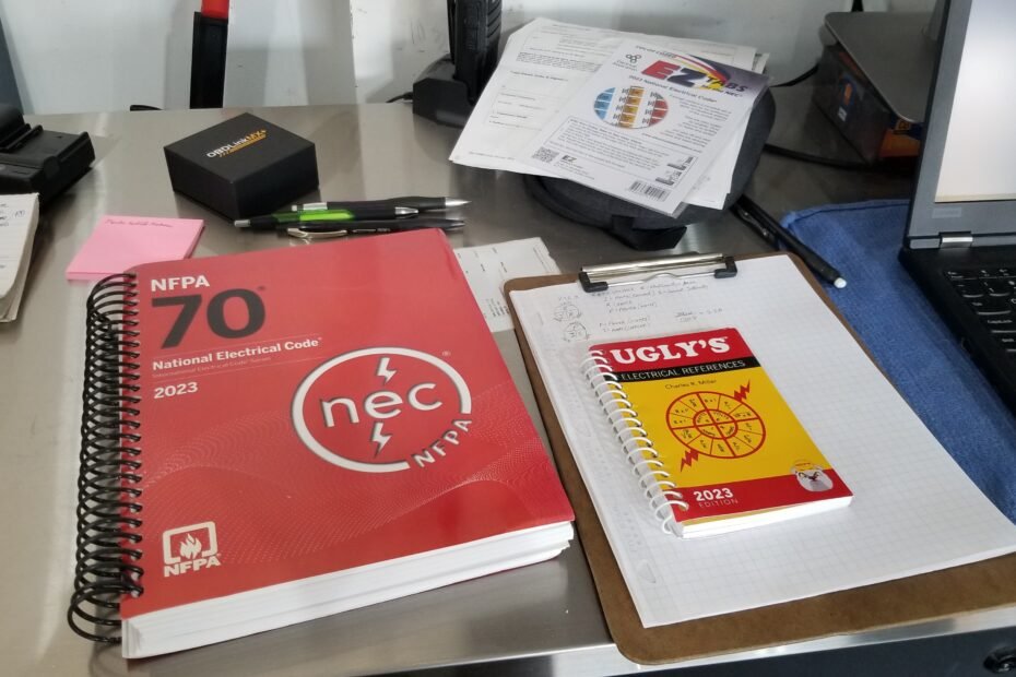 A professional electrician’s workspace featuring the 2023 National Electrical Code (NEC) book, Ugly’s Electrical References guide, a clipboard with notes, and various electrical study and testing materials.