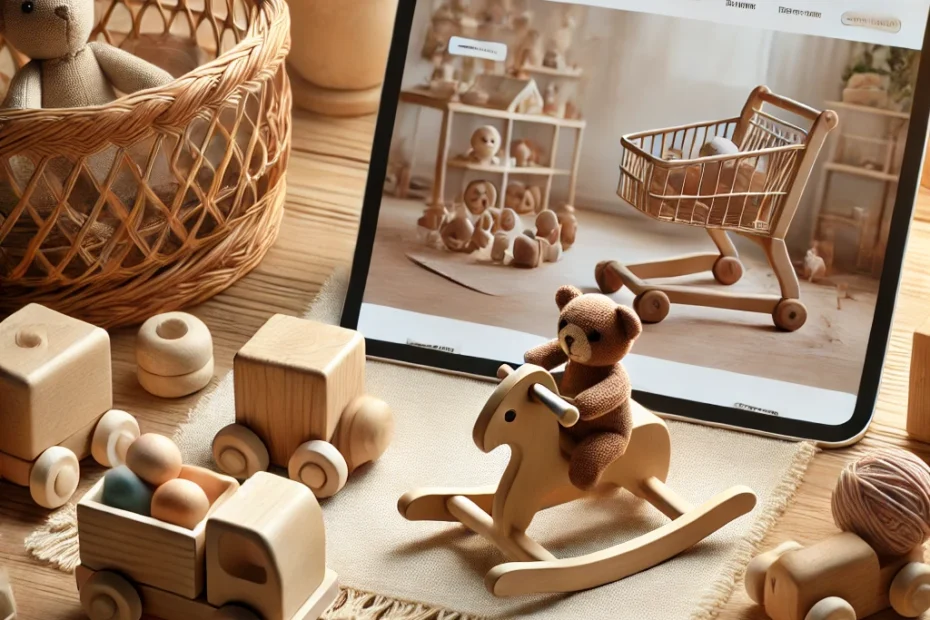 An inviting e-commerce webpage mockup displaying handmade wooden toys, including stackable blocks and pull-along animals, set against a warm, wood-textured background with soft, natural lighting.