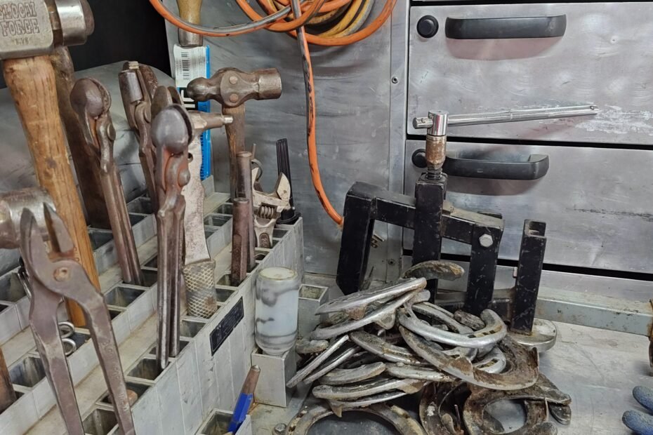 Collection of removed horseshoes next to organized farrier tools, showing seasonal winter shoe removal service and professional tool organization