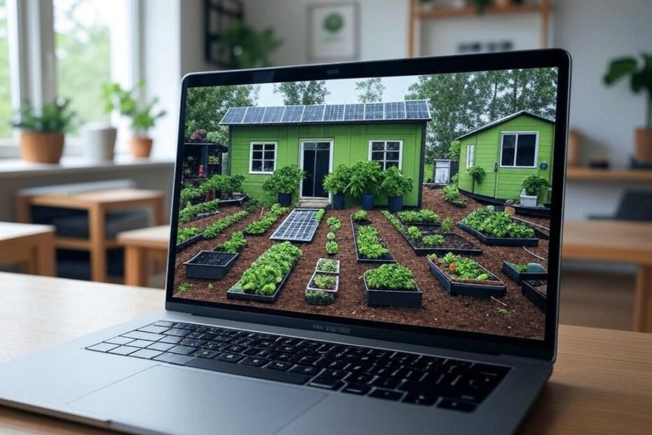 Laptop on a wooden table in a bright room with plants, screen showing an eco-friendly house with solar panels and garden.